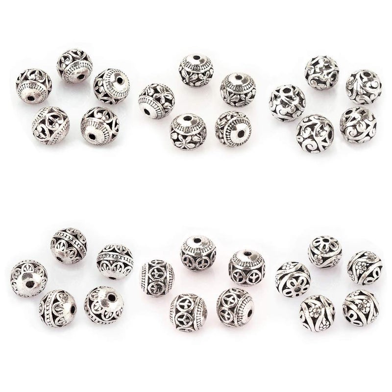 LolliBeads (TM) 10mm 30Pcs Tibetan Silver Round Hollow Spacer Charm Beads Jewelry Findings Mix Lot Box Set Assortment - Image 1